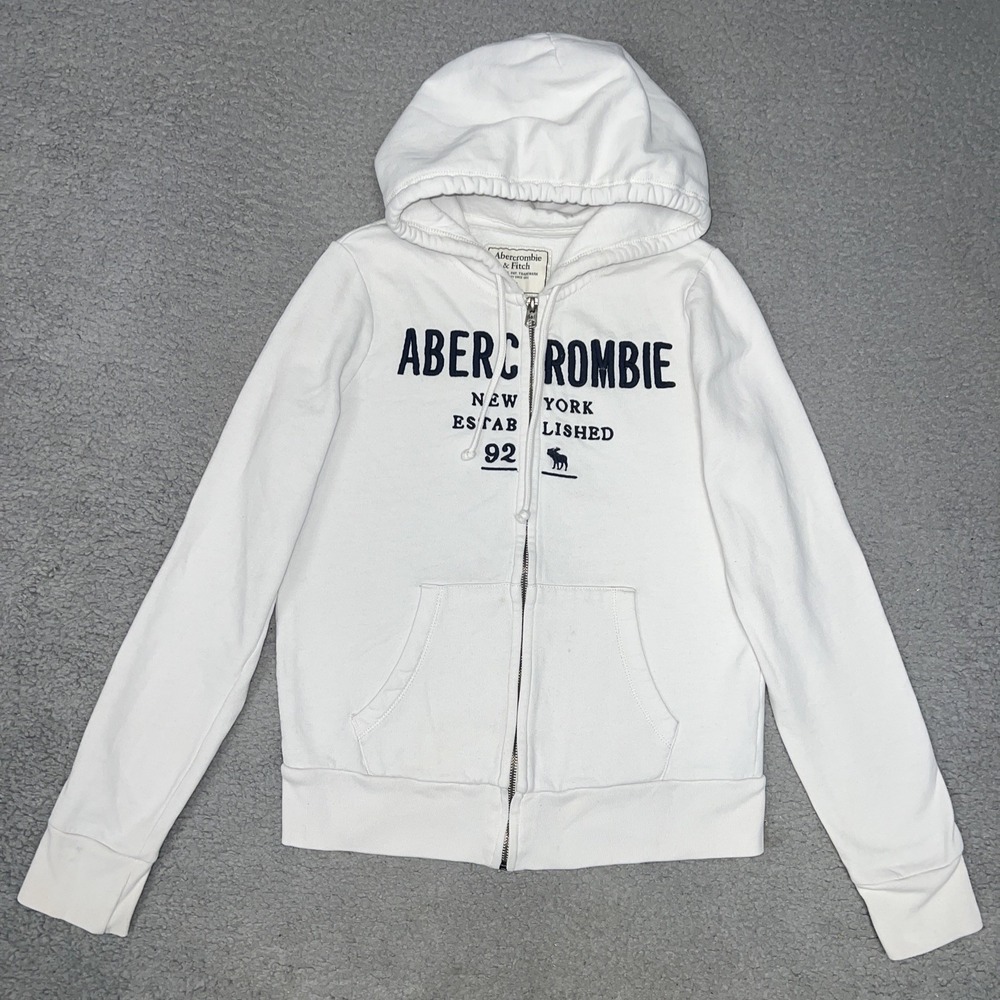 VTG Abercrombie & Fitch Hoodie Womens Sz S White New York EST 1892 Embroider Y2k